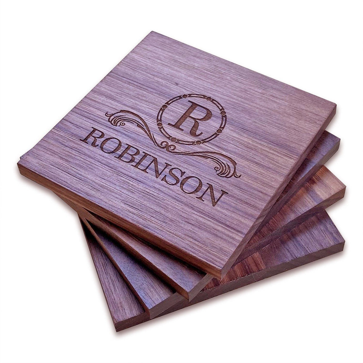 Personalized Cherry Wood Square Coaster Set – Hailey Home